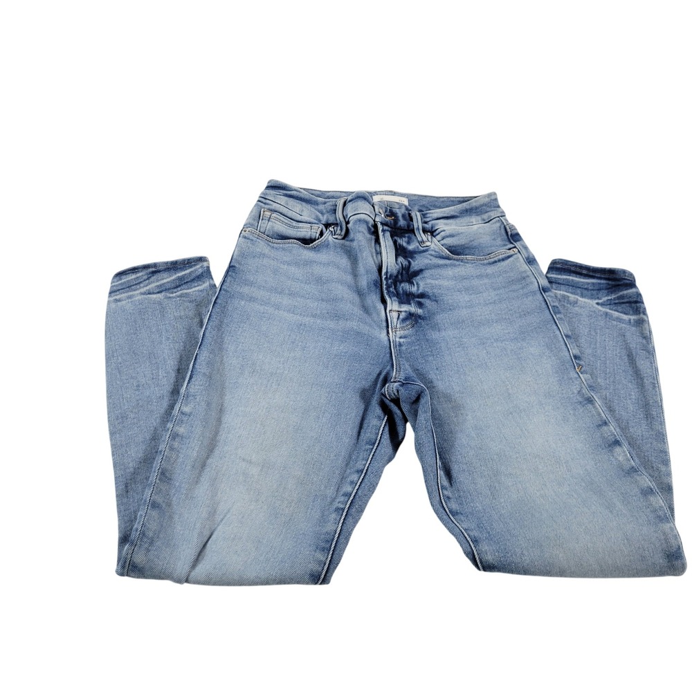 GOOD AMERICAN High Rise Distressed Frayed Hem Light Wash Denim Jeans